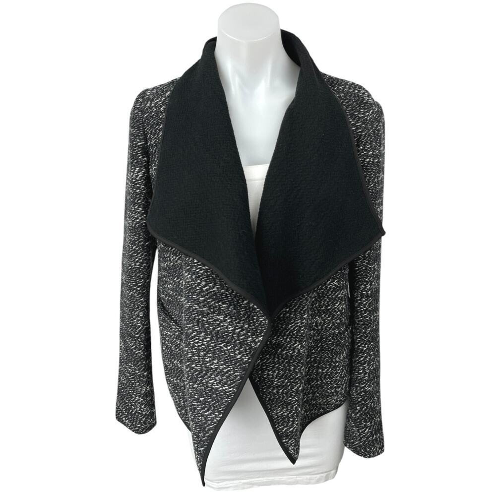 Ann Taylor Black White Tweed Draped Collar Open Front Shawl Cardigan Jacket Sz S